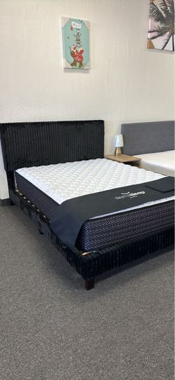 Queen platform bed frame in black corduroy