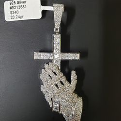Sterling Silver Praying Hand With Cross Pendant