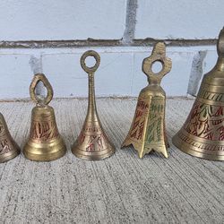 ✨ Vintage Indian Brass Hand-Etched Bells – Set of 5 • Colorful Engraving • Boho Decor