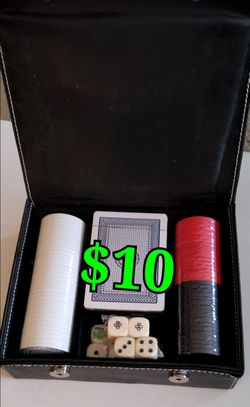 compact, portable poker chip set in a faux leather case,  $10