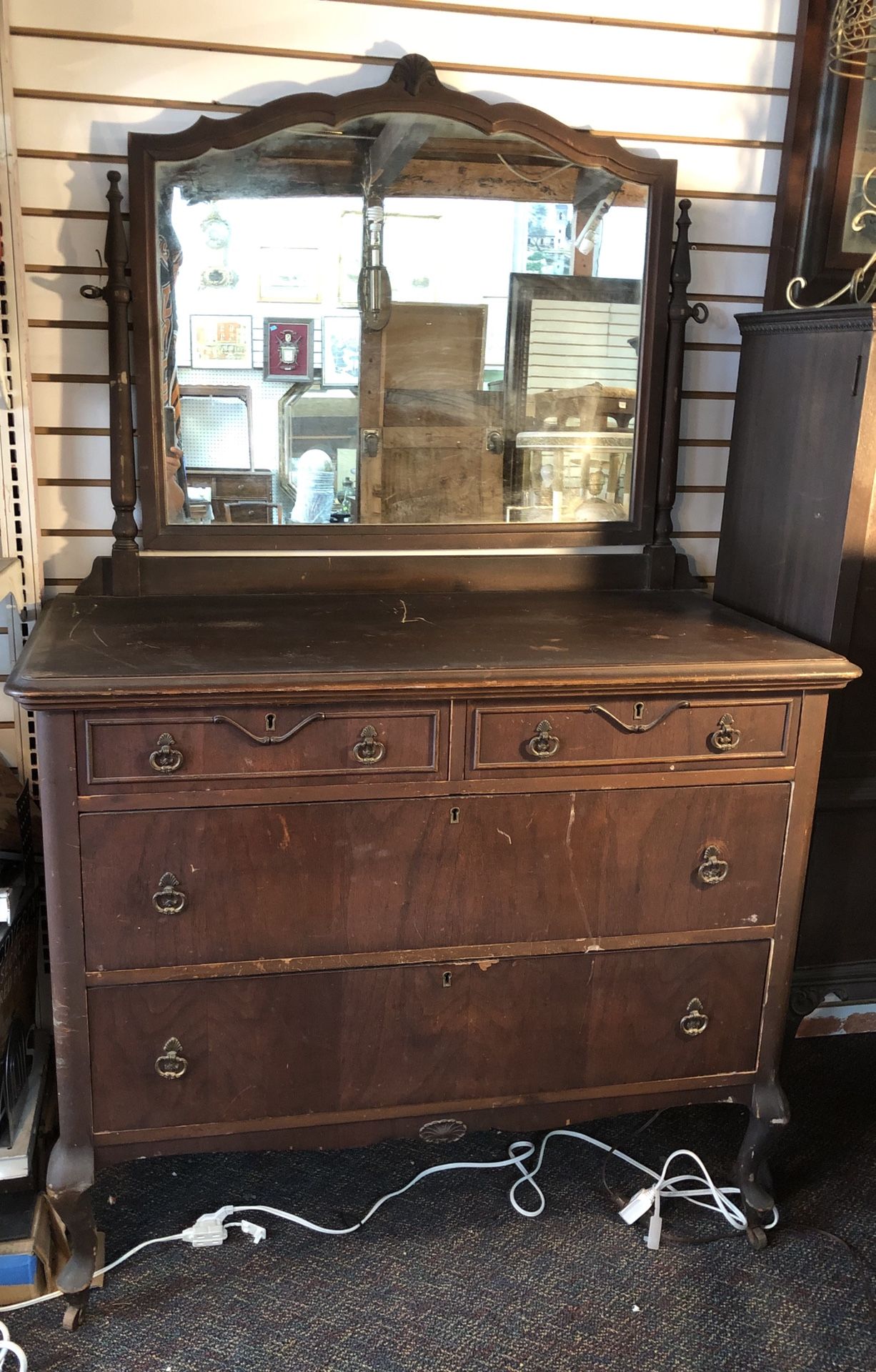 Antique Wood Dresser with Mirror & Wheels