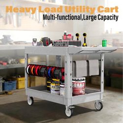 Large Heavy Duty Utility Rolling Tool Cart, 1000 lbs Capacity Flat Top Plastic Utility Service Cart with Two Trays and Wheels, 46 x 26-Inch Work Cart