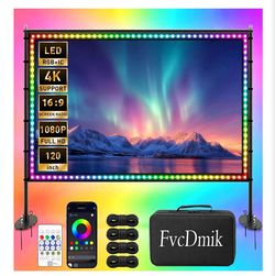 120” Projection Screen w Stand, Smart RGB+IC Strip Light, 4K 16:9 Wrinkle Wind Resistant Movie Screen, Foldable Portable Projector Screen for Backyard