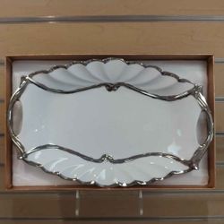 Porcelain _ Dish / Plate / Platter / Vase _ white & silver ( NEW ) dinnerware, kitchenware