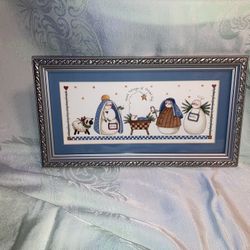 Framed Snowman Nativity Manger Folk Art Scene