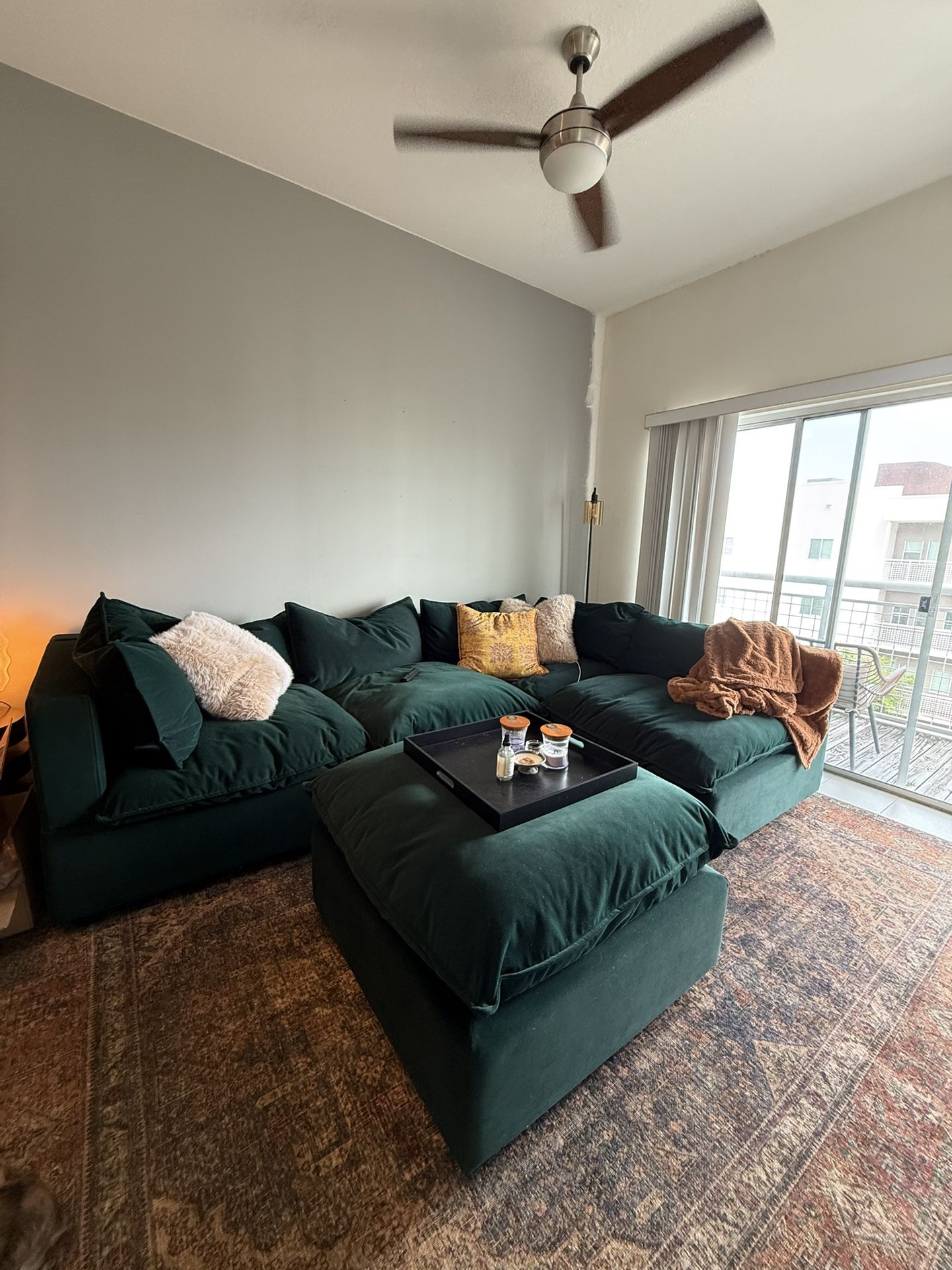 Large L-Shape Sectional Couch with Ottoman - Dark Teal Performance Velvet