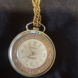Gold Tone Open Face Pocket Watch Necklace.