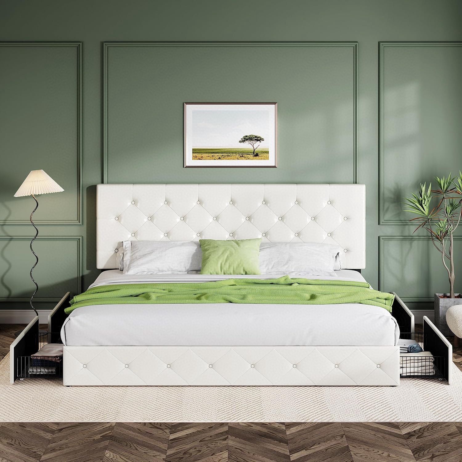 King Size Bed Frame with 4 Drawers, Faux Leather Storage Platform Bed Frame, Upholstered with Adjustable Headboard