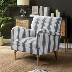 New Modern Accent Chair with Arms and Wooden Legs, Comfy Upholstered Armchair for Living Room, Bedroom (Stripe Pattern, Navy)