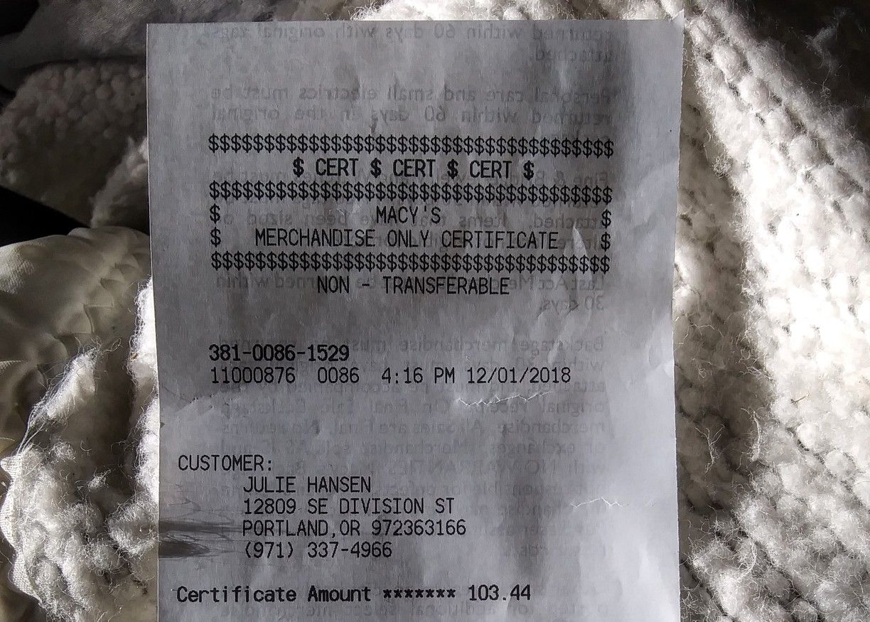 $103 Macy's merchandise certificate