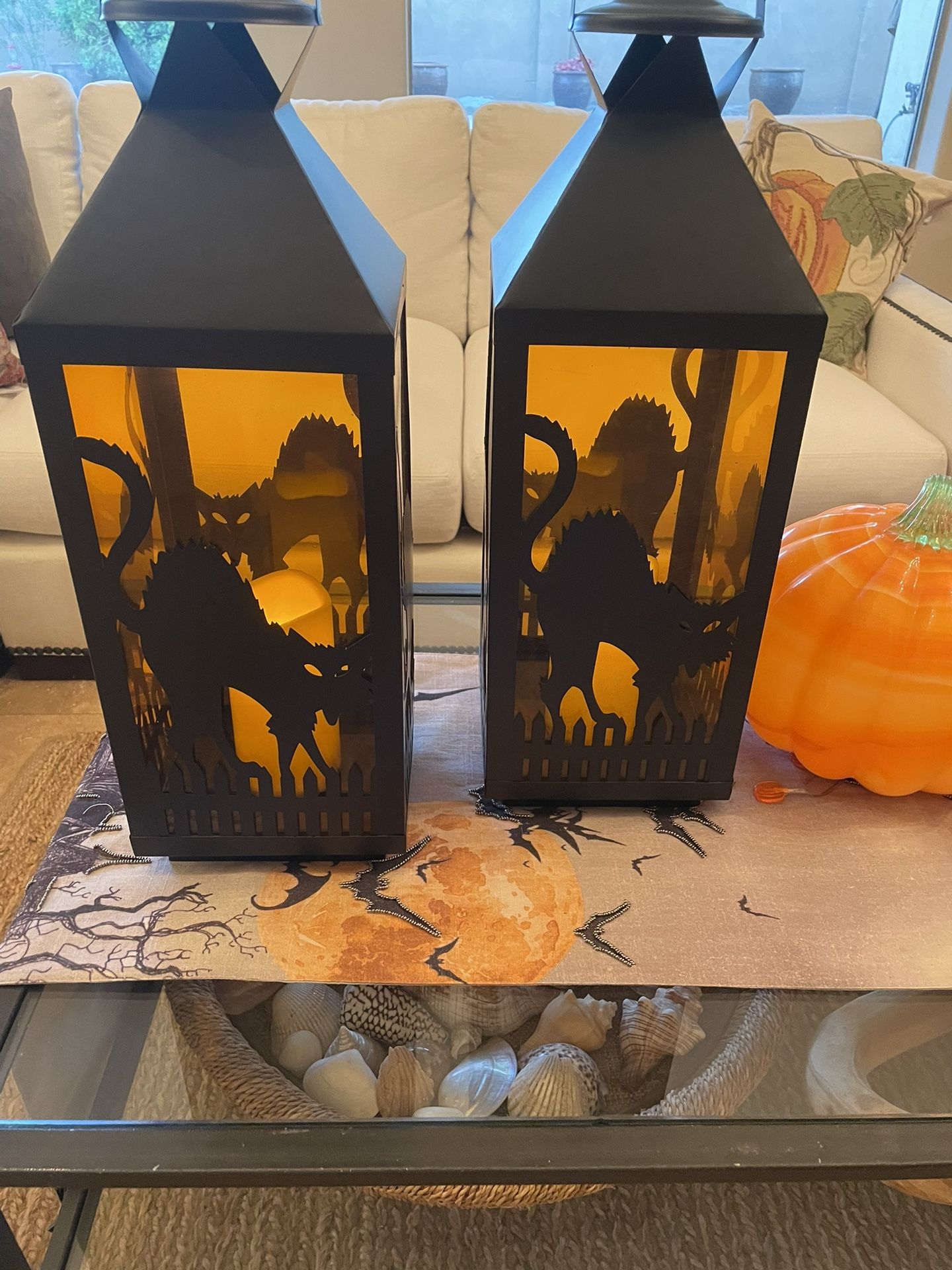 Halloween π Metal Lanterns, Pair, Orange Glass With Battery Operating Candles