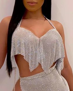 Halter Backless Sequin Top & Slit Skirt Sets