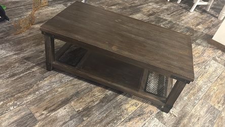 Ashley Furniture Rustic Wood Coffee Table with Metal Mesh Shelf