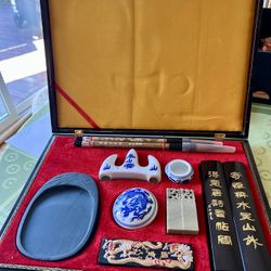 Large Lacker case Of Chinese Calligraphy Brushes/ Ink ( Red) 11 Piece Set  