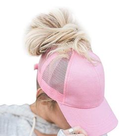 Pink Ponytail Baseball Cap Messy Bun Trucker Hat "Chongo" Style Cotton Mesh Cap
