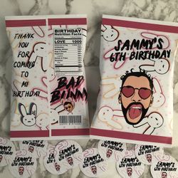 Bad Bunny Birthday Party Theme Chip Bags Labels Stickers Water Hersheys Cheetos