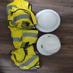 Two Hard Hats And 3 Safety Vest 