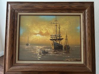 Framed Oil Painting Nautical Ship Seascape