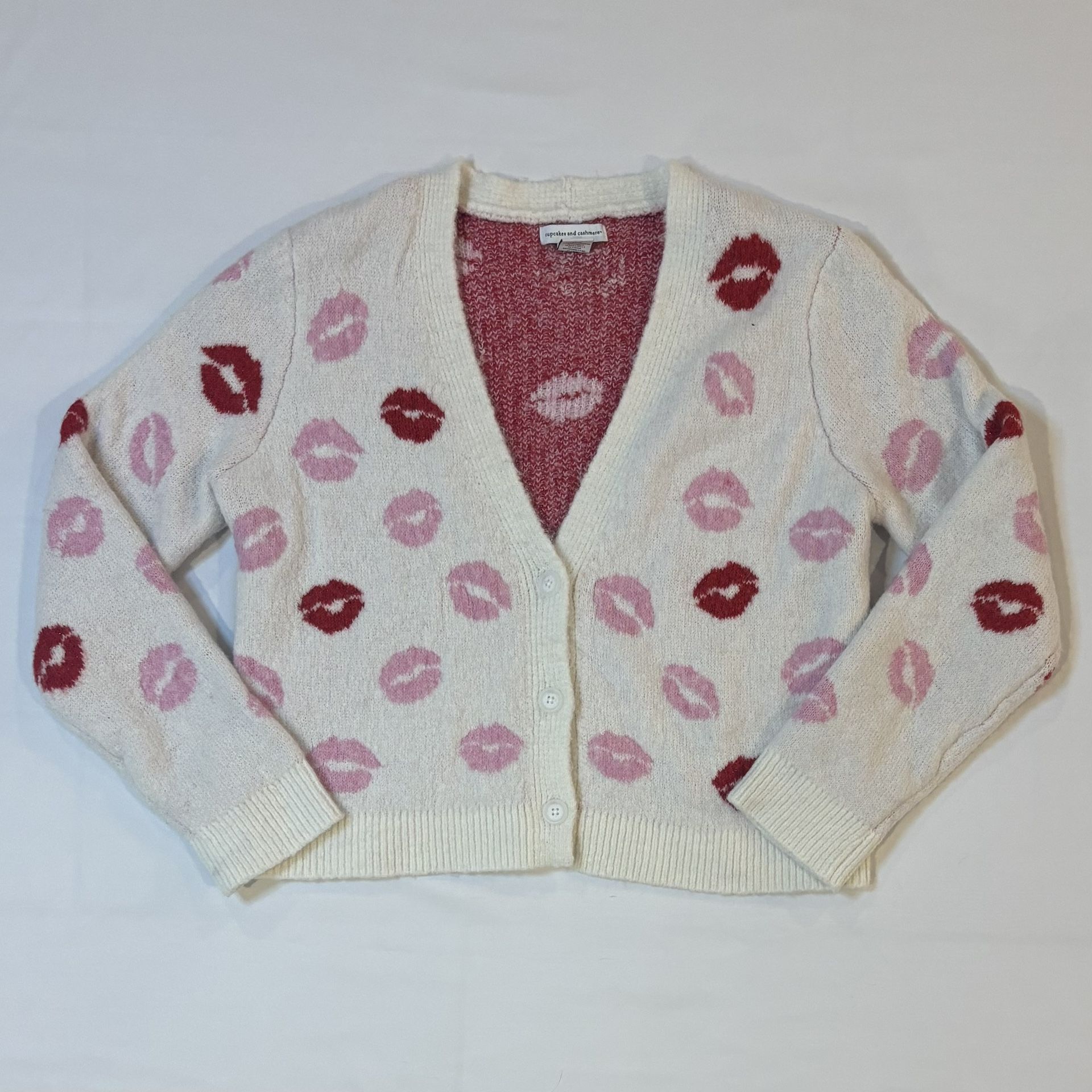 Cupcakes and Cashmere Lip Print Cardigan Sweater XL