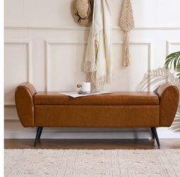 Tan Faux Leather Storage Ottoman Bench