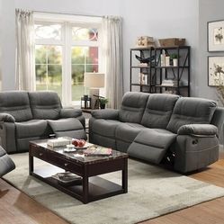 Brand New Gray Fabric Manual Reclining Sofa + Loveseat 2PCs Set