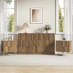 6 Drawer Dresser and Nightstand Set, Walnut Wood