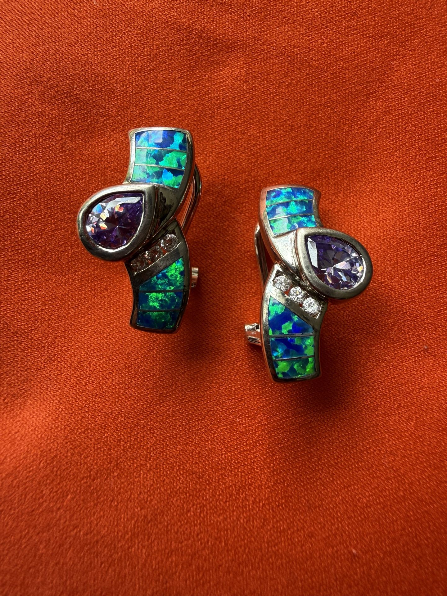 Beautiful 925 Silver Earrings With Opal Amethyst And Diamonds Even More Beautiful In Person