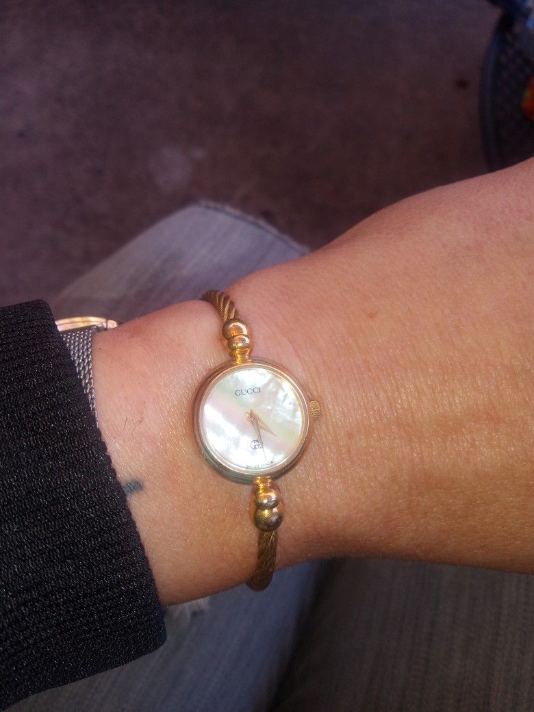 Gold Plated Gucci Watch With Mother Of Pearl Face