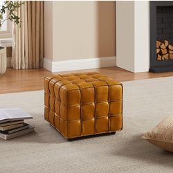 Zouron Genuine Leather Ottoman, Mid Century Modern Upholstered Foot Stool, Square Ottoman Seat Foot Rest for Living Room, Bedroom, 1Pcs, Yellow Brown