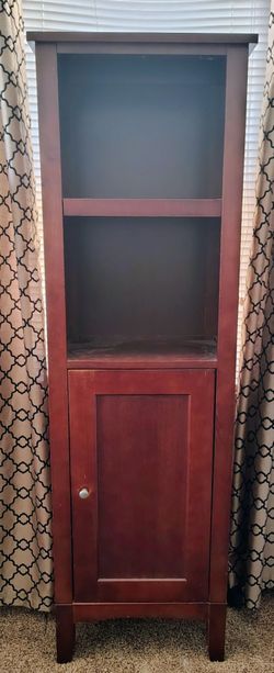wooden curio cabinet bookcase display 4 levels with a door.