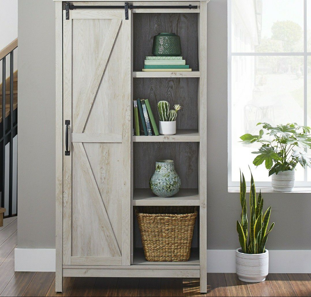 Better Homes & Gardens 66" Modern Farmhouse Bookcase Storage Cabinet, Rustic White Finish