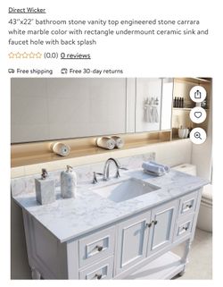 43‘’x22" bathroom stone vanity top engineered stone carrara white marble color with rectangle undermount ceramic sink and faucet hole with back splash