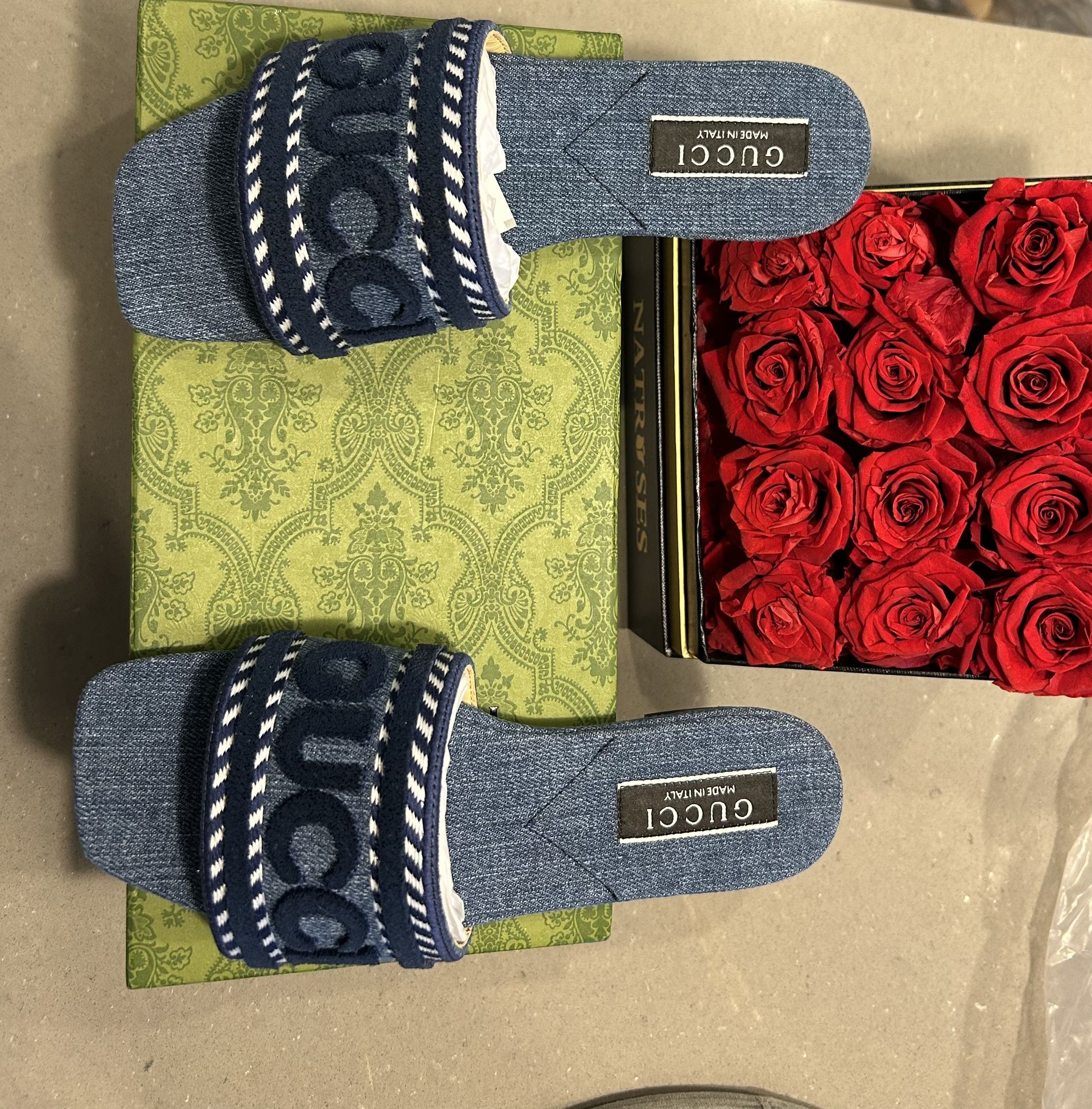 Brand new w/box & dust bag. Gucci Jane Denim slides size 7.5