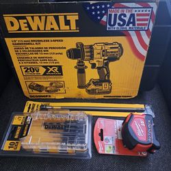 ***NEW DEWALT 3 SPEED HAMMER DRILL KIT XR.** (10) PC DRILL BIT SET. 12" MAGNETIC  EXTENCION.  25"FT MILWUAKEE  COMPACT  AUTO  LOOK TAPE MEASURE** $275