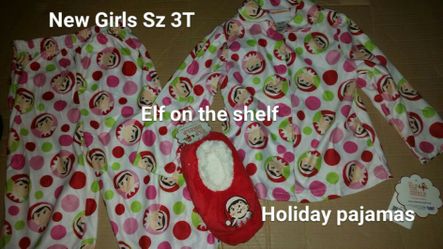 New Girls Sz 3T winter Christmas pajamas + matching slippers Elf on the Shelf nwt holiday