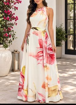 One Shoulder Floral Maxi Dress size large new with pink, red, and yellow flowers on a cream background #floraldress #oneshoulder