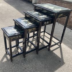 Oriental Asian Black Lacquer Wood Nesting Tables Set of 4
