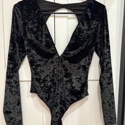 Victoria's Secret Black Velvet Long Sleeve Plunge Bodysuit