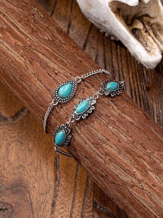 2 Pieces Turquoise Stone Western Style Chain Bracelets Set For Women