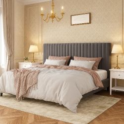 King Bed Frame, Velvet Upholstered Platform Bed with Adjustable Vertical Channel Tufted Headboard, Mattress Foundation with Strong Wooden Slats, Box S