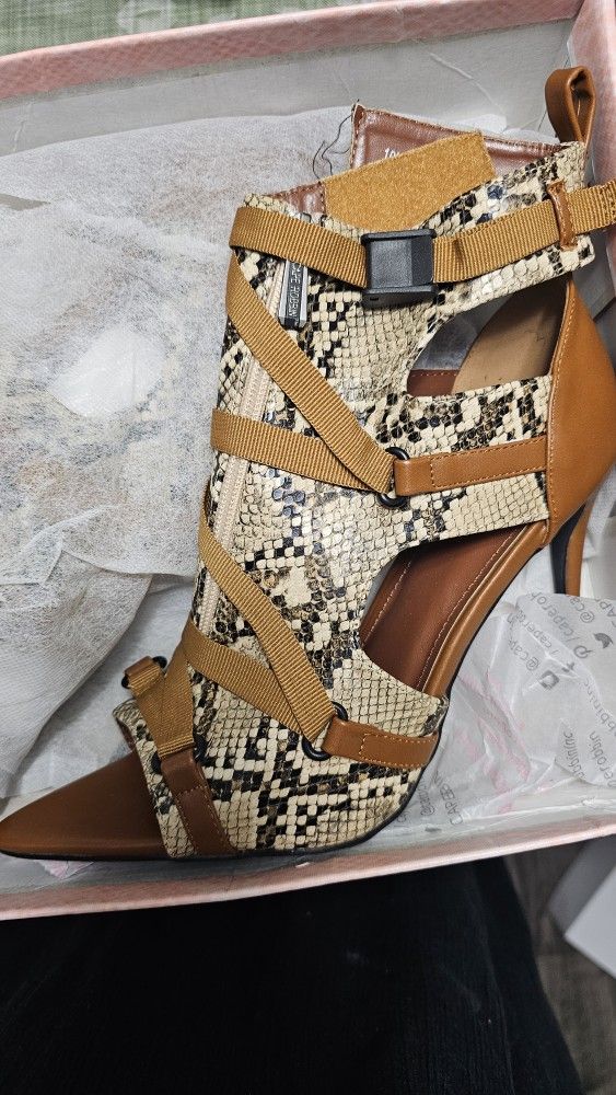 Cape Robbin Snakeskin & Tan Strap Heels – Size 10 (New in Box)