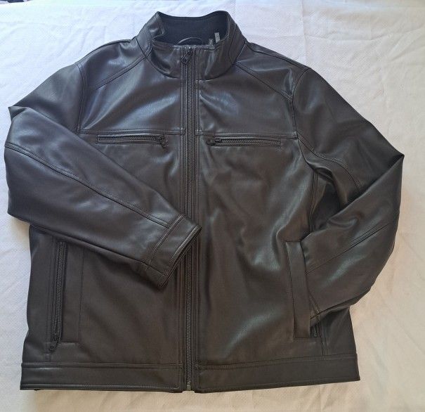 Calvin Klein Faux Leather Jacket Men's Size XL Brown Café Racer Full Lined Pock