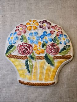Vintage Italian Hand Painted Ceramic Wall Plaque – Floral Basket Relief 10” Majolica Style