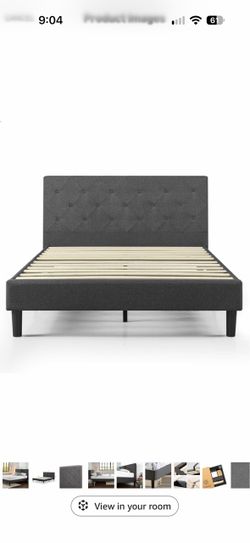 Upholstered king size bed frame with Allswell mattress. Pick up only