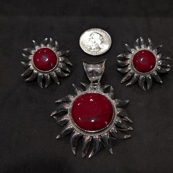 Sterling silver and red jasper Vintage Mexico Pendant and clip on earrings set  67 grams