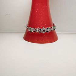 Bracelet Sterling Flower Cluster middle Green Pink Blue Stones  Silver