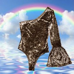 New Brown Velvet Velour Soft Bodysuit with One Shoulder Long Sleeve🙈