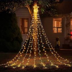 Christmas Decorations, 8 Modes 317 LED Outdoor Christmas Star Lights with 12" Topper Star, Waterfall Christmas Tree Lights for Christmas Décor, Holida