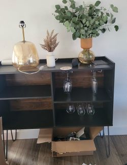 Mid Century Modern Bar Cabinet / Buffet Console Table with Wine Glass Rack