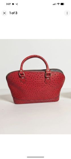 Vera Pelle Red Ostrich Pattern Satchel Top Handle Bag Double Handles Gold Zip